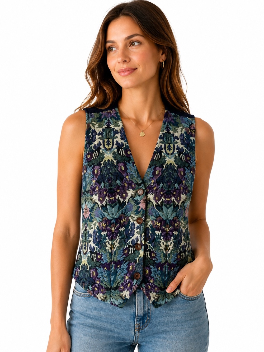 Vintage 90s Separate Scene Floral Tapestry Vest Tie Back Boho Cottagecore M